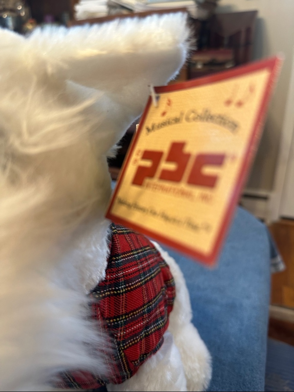 Vintage NWT stuffed white Scottie  with  plaid vest  sings “Put On A Happy Face” - Picture 3 of 8